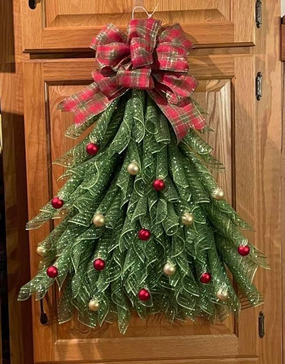 HOT Christmas Tree Wreath Door Wreath, Bow Christmas Wreath Decoration with Lights