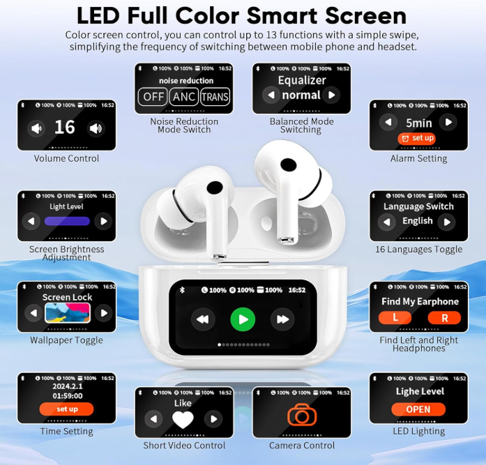 Popular wireless Bluetooth earphones with full-color touchscreen, high-quality sound, and low latency.